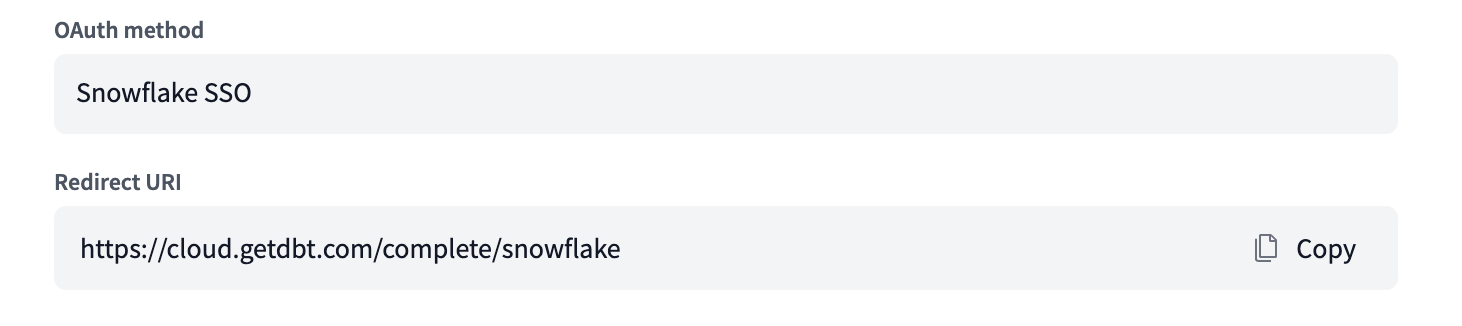 The OAuth method and Redirect URI inputs for a Snowflake connection in dbt Cloud.